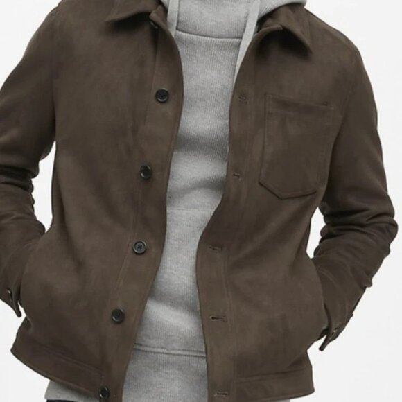 Banana Republic Mens Size Medium Vegan Suede Shirt Jacket Military Green Pocket - Picture 1 of 10